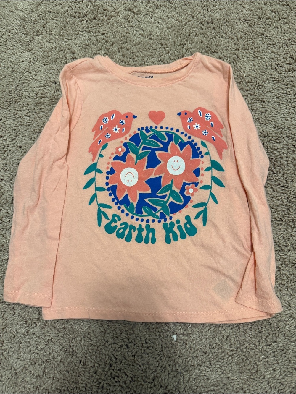 Earth Peach Long-Sleeve Tee with Floral & Bird Graphic size 4T